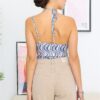 Cream & Blue Wave Mesh Asymmetrical Neck Bodysuit