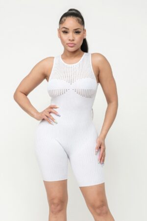 Pointelle Stitch Romper with Delicate Knit Detail – White