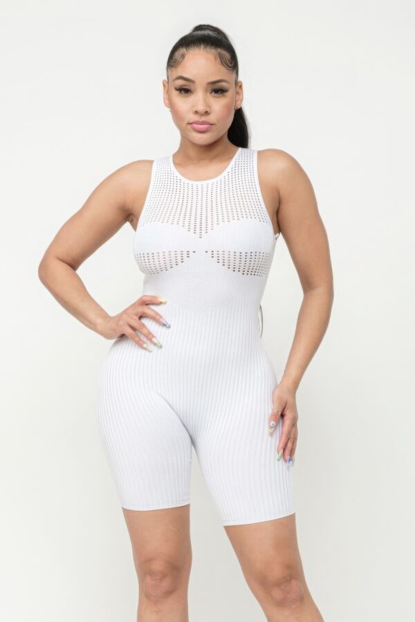Pointelle Stitch Romper with Delicate Knit Detail – White