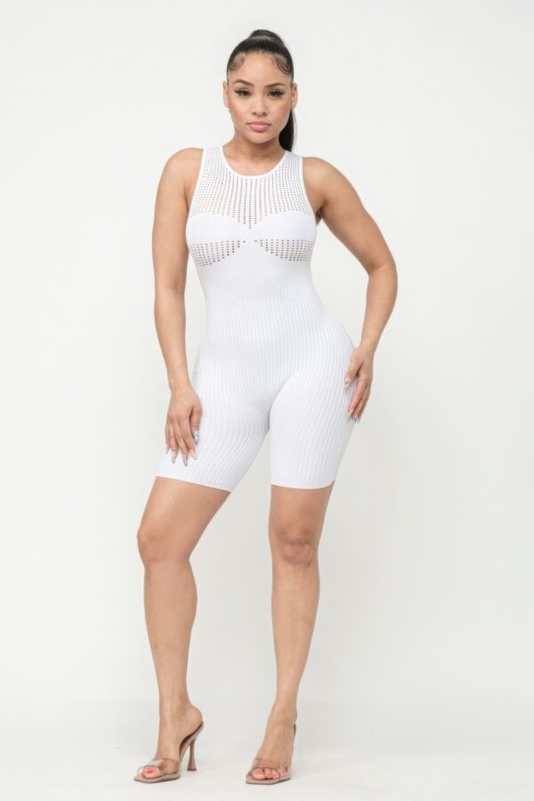Pointelle Stitch Romper with Delicate Knit Detail – White