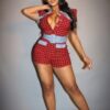 Plaid Print Denim Romper with Wide Belt – Red