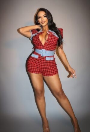 Plaid Print Denim Romper with Wide Belt – Red