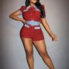 Plaid Print Denim Romper with Wide Belt – Red