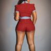 Plaid Print Denim Romper with Wide Belt – Red