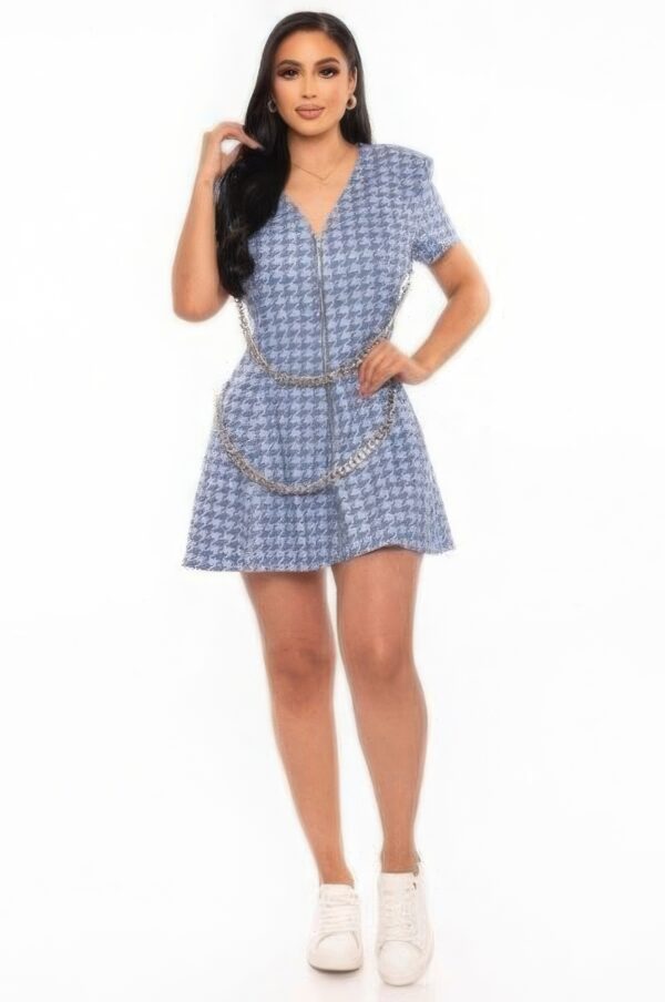 Houndstooth Chain-Belt Denim Dress – Blue