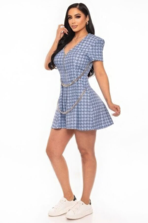 Houndstooth Chain-Belt Denim Dress – Blue