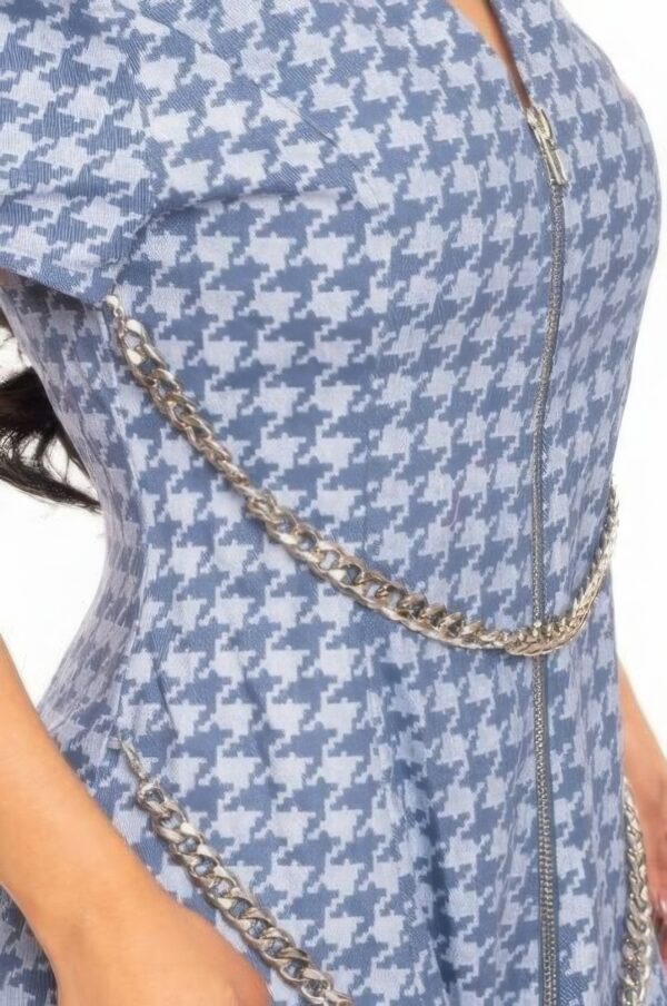 Houndstooth Chain-Belt Denim Dress – Blue