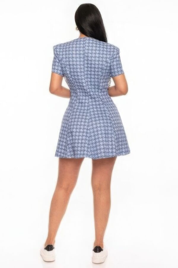Houndstooth Chain-Belt Denim Dress – Blue