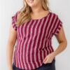 Plus Striped Short-Sleeve Relax Top – Burgundy
