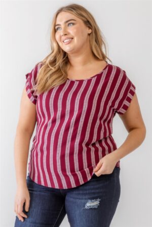Plus Striped Short-Sleeve Relax Top – Burgundy