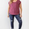 Plus Striped Short-Sleeve Relax Top – Burgundy