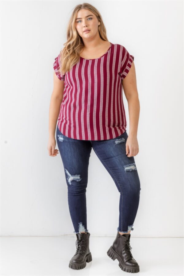 Plus Striped Short-Sleeve Relax Top – Burgundy