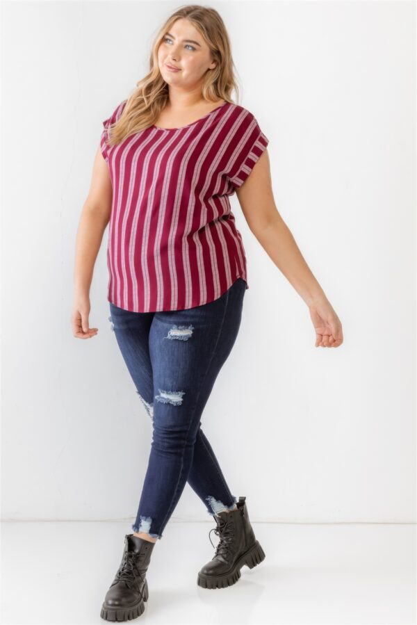 Plus Striped Short-Sleeve Relax Top – Burgundy