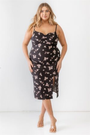 Plus Floral Ribbed Ruched Midi Dress – Black