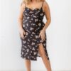 Plus Floral Ribbed Ruched Midi Dress – Black