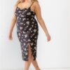 Plus Floral Ribbed Ruched Midi Dress – Black