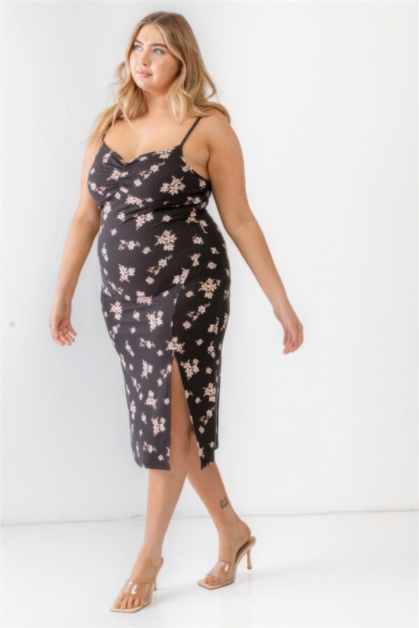 Plus Floral Ribbed Ruched Midi Dress – Black