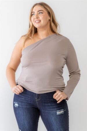 Plus Size One-Shoulder Textured Top – Mocha