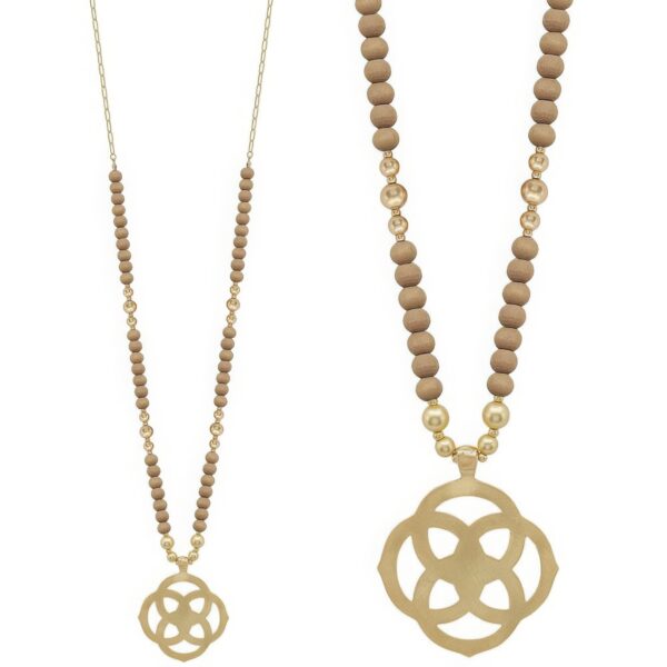 Wood Bead Necklace – Flower Geometric Pendant