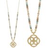 Wood Bead Necklace – Flower Geometric Pendant