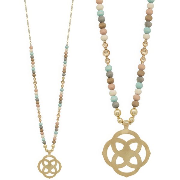 Wood Bead Necklace – Flower Geometric Pendant