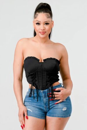 Sweetheart Lace Ruffled Drawstring Bustier Top – Black