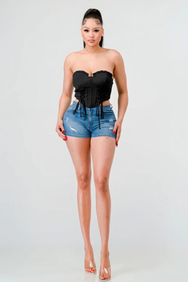 Sweetheart Lace Ruffled Drawstring Bustier Top – Black
