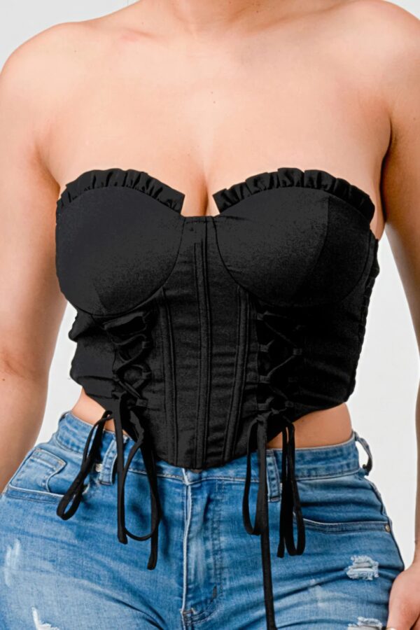 Sweetheart Lace Ruffled Drawstring Bustier Top – Black