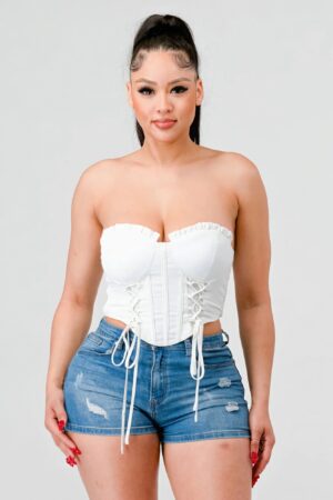 Sweetheart Ruffled Lace Drawstring Bustier Top – Off White