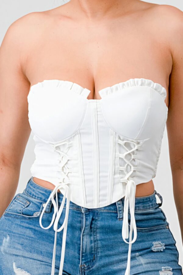 Sweetheart Ruffled Lace Drawstring Bustier Top – Off White