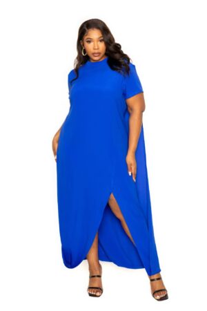 Mock Neck Back Cape Dress – Royal (Plus Size)