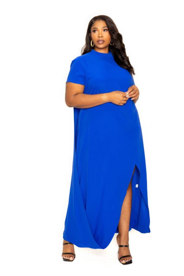 Mock Neck Back Cape Dress – Royal (Plus Size)
