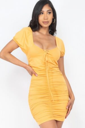 Ruched Lace-Up Jersey Mini Dress in Amber
