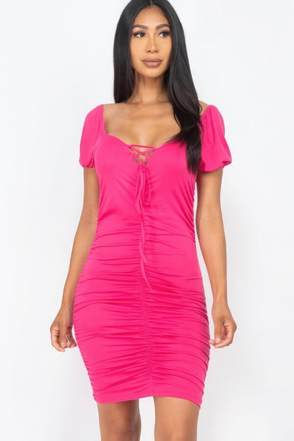 Lace-Up Front Ruched Jersey Mini Dress – Fuchsia