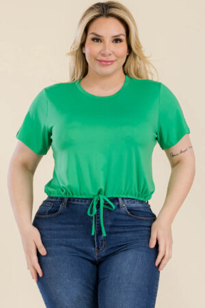 Plus Size Tie-Front Drawstring Crop Top – Short Sleeve