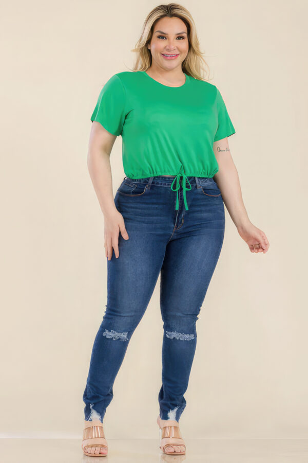 Plus Size Tie-Front Drawstring Crop Top – Short Sleeve