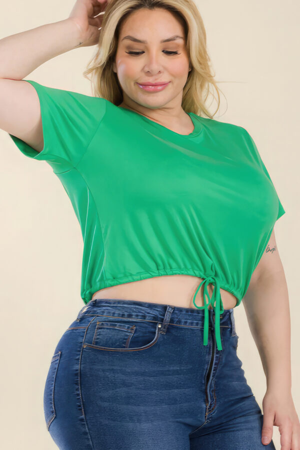 Plus Size Tie-Front Drawstring Crop Top – Short Sleeve