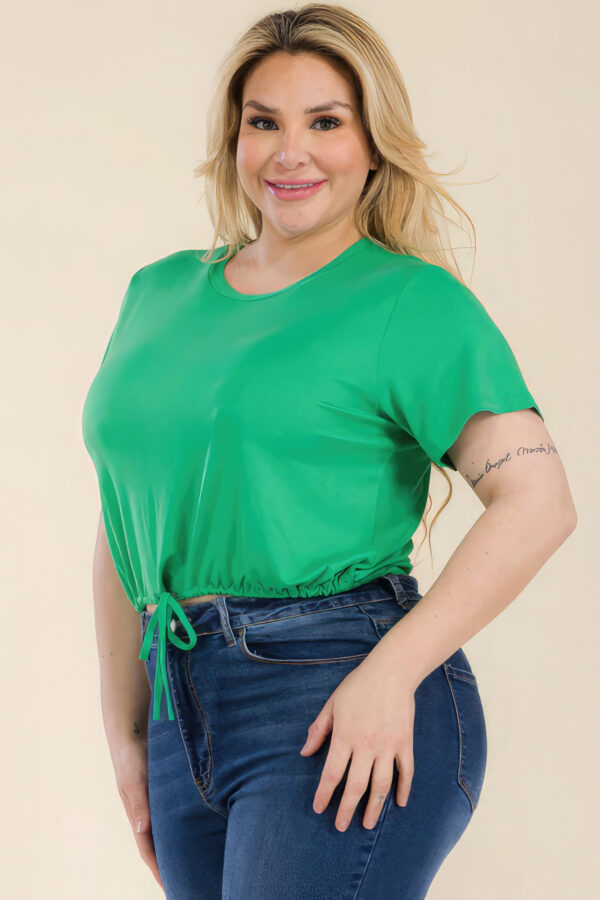 Plus Size Tie-Front Drawstring Crop Top – Short Sleeve