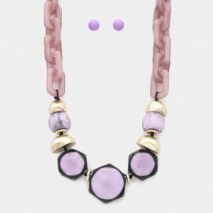 Hexagon Link Oval Necklace – Geometric Chain, Purple/Mint