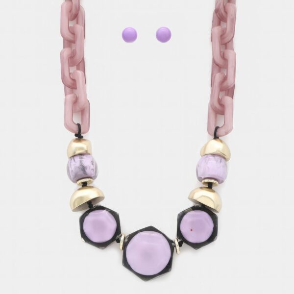 Hexagon Link Oval Necklace – Geometric Chain, Purple/Mint