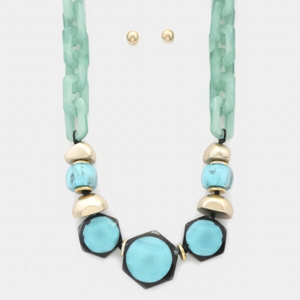 Hexagon Link Oval Necklace – Geometric Chain, Purple/Mint