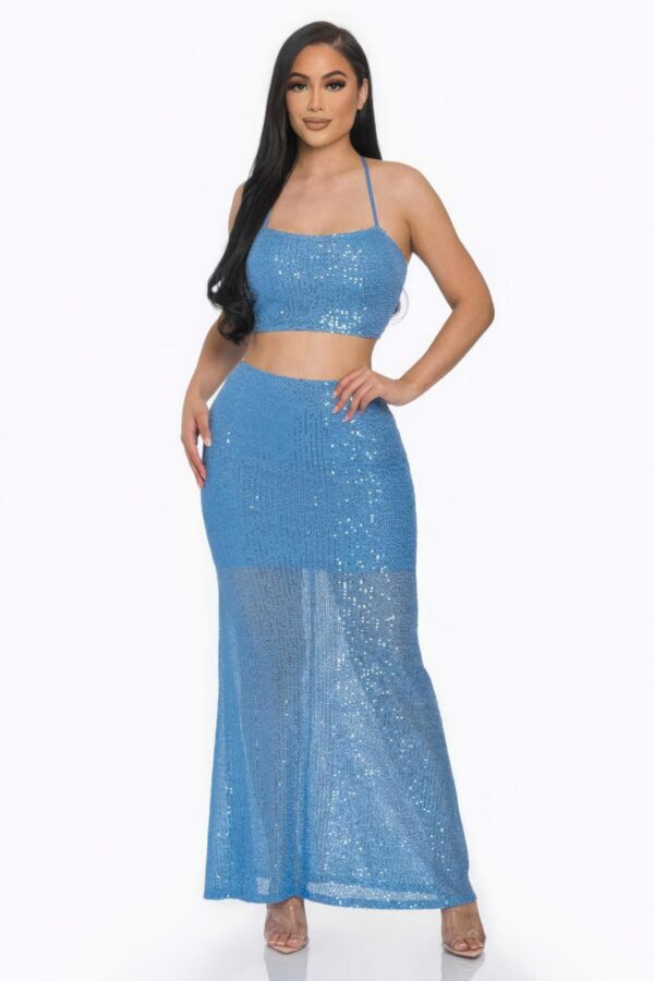 Sequin Maxi Dress with X-Back – Baby Blue