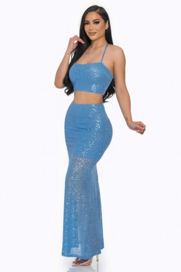 Sequin Maxi Dress with X-Back – Baby Blue