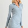 Zip-Up Mock Neck Blue Flannel Mini Dress