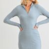Zip-Up Mock Neck Blue Flannel Mini Dress