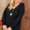 Plus Size V-Neck Hi-Lo Sweater with Side Slits – Black