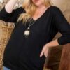 Plus Size V-Neck Hi-Lo Sweater with Side Slits – Black