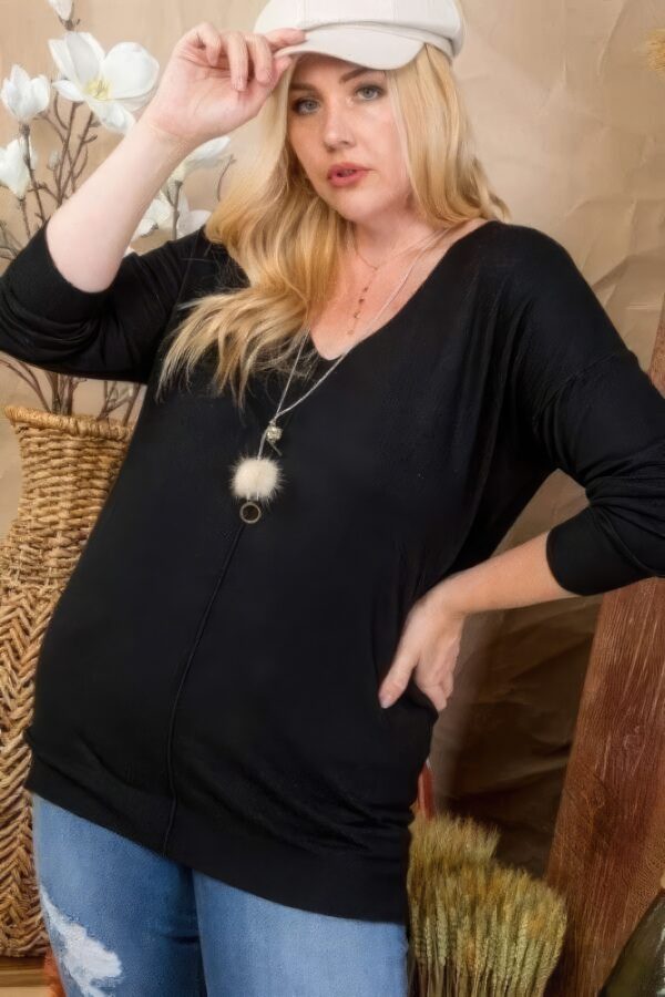 Plus Size V-Neck Hi-Lo Sweater with Side Slits – Black