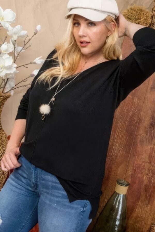 Plus Size V-Neck Hi-Lo Sweater with Side Slits – Black