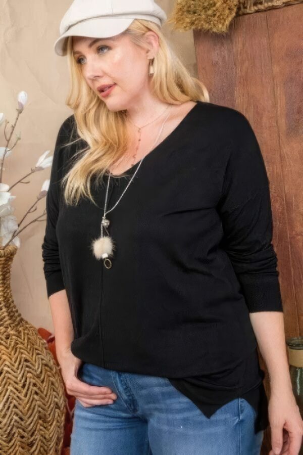 Plus Size V-Neck Hi-Lo Sweater with Side Slits – Black